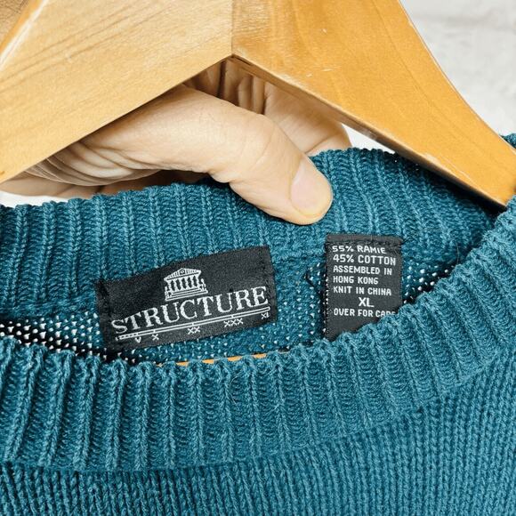 Structure Ramie Cotton Crewneck Sweater Embroidered Logo Turquoise Vintage 90's - Picture 6 of 6